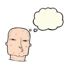 cartoon bald tough guy with thought bubble