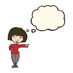 cartoon annoyed woman pointing with thought bubble