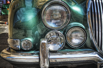 close up of a classic car front view in hdr