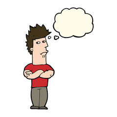 cartoon man sulking with thought bubble