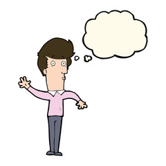 cartoon nervous man waving with thought bubble