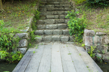 Stone stairs and wooden walkway in the wild.