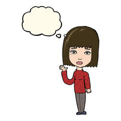 cartoon woman waving with thought bubble