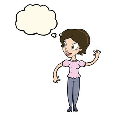 cartoon woman waving with thought bubble