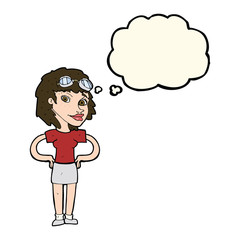 cartoon retro pilot woman with thought bubble