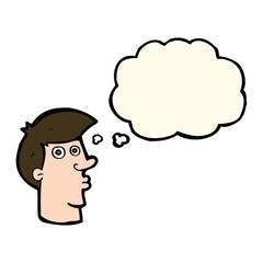 cartoon confused man with thought bubble