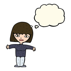 cartoon woman with open arms with thought bubble