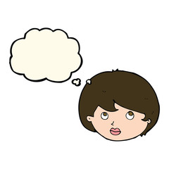 cartoon female face looking upwards with thought bubble