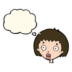 cartoon surprised female face with thought bubble