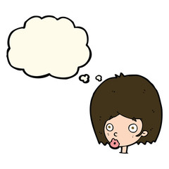 cartoon surprised female face with thought bubble