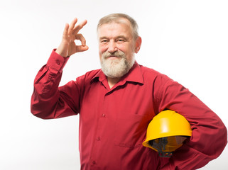 old man with a helmet ok sign