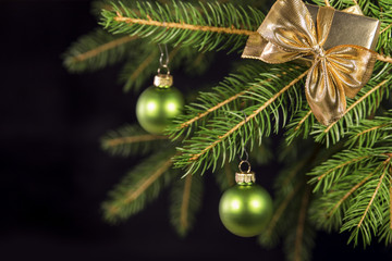Grüne Weihnachtskugeln an Tannenzweig vor schwarzem Hintergrund