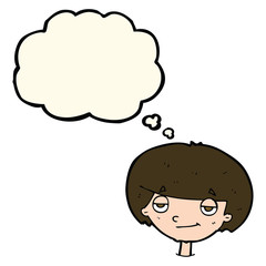 cartoon smug looking boy with thought bubble