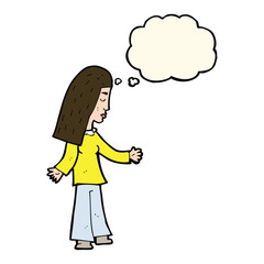 cartoon woman with open arms with thought bubble