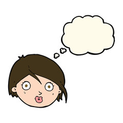 cartoon surprised female face with thought bubble