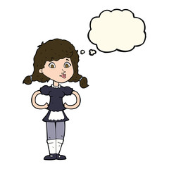 cartoon happy waitress woman with thought bubble