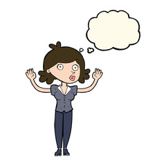 cartoon woman surrendering with thought bubble