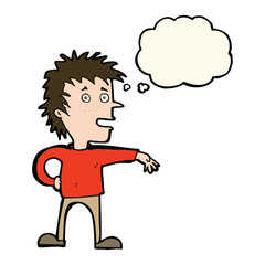 cartoon man making dismissive gesture with thought bubble