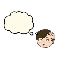 cartoon boy with ugly growth on head with thought bubble