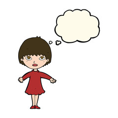 cartoon woman in dress with thought bubble