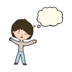 cartoon worried woman with thought bubble