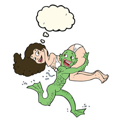 cartoon swamp monster carrying girl in bikini with thought bubbl