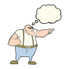 cartoon angry tough guy pointing with thought bubble