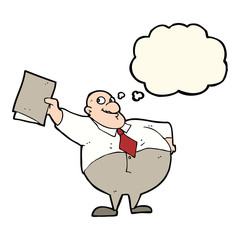 cartoon happy boss with file with thought bubble
