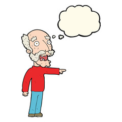 cartoon scared old man pointing with thought bubble