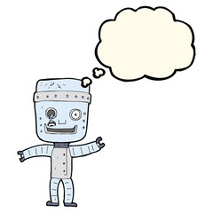 cartoon funny old robot with thought bubble