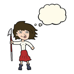 cartoon woman with spear with thought bubble
