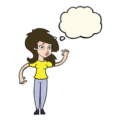 cartoon pretty woman waving with thought bubble