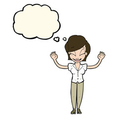 cartoon pretty woman with hands in air with thought bubble
