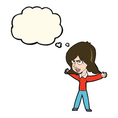cartoon woman gesturing with thought bubble