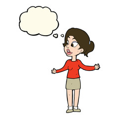 cartoon pretty woman explaining something with thought bubble