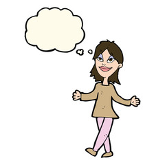 cartoon woman with no worries with thought bubble