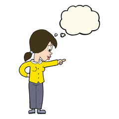 cartoon enthusiastic woman pointing with thought bubble
