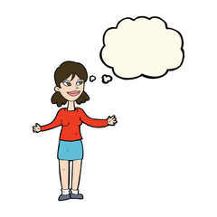 cartoon happy woman shrugging shoulders with thought bubble
