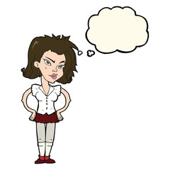 cartoon woman with hands on hips with thought bubble