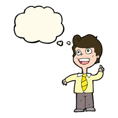 cartoon school boy raising hand with thought bubble