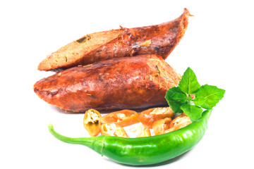 smoked sausage against on white background, Local cuisine of northern Thailand
