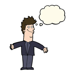 cartoon happy man with open arms with thought bubble