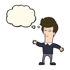 cartoon waving man with thought bubble