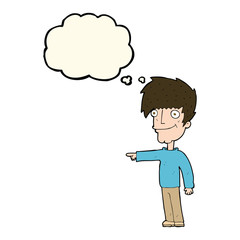 cartoon happy man pointing with thought bubble