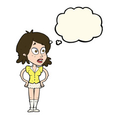 cartoon woman with hands on hips with thought bubble