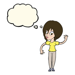 cartoon woman waving with thought bubble