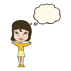 cartoon woman with open arms with thought bubble
