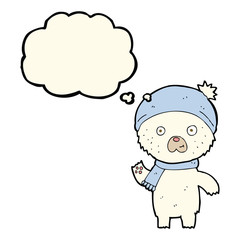 cartoon waving polar bear with thought bubble