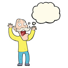 cartoon old man getting a fright with thought bubble