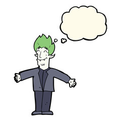 cartoon happy vampire with thought bubble